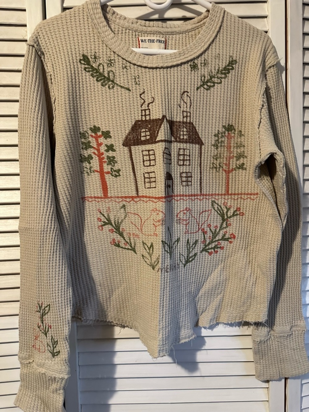 Free People Cream Waffle-Knit Long Sleeve Top with Cottage Graphic